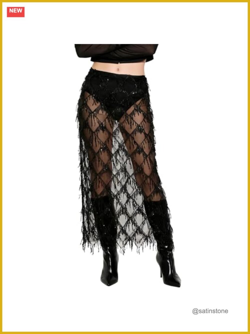 Sequin Fringe Midi Skirt Sheer Mesh Tassel Party Night Out